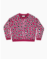 pull leopard avec encolure ronde et manches longues en rose fushia