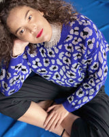 allrich-pull a motif leopard bleu royal argent et a col rond