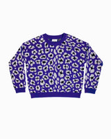 allrich-pull bleu royal en laine cachemire avec motif leopard metallise argent