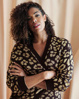 gilet leopard avec encolure ronde et manches longues en noir or