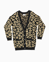 allrich-boyfriend cardigan en noir avec or a motif leopard avec col v