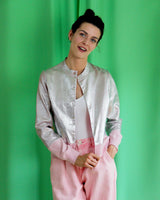 gilet lux en maille rose avec enduit metallique argent et a manches longues