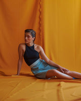 allrich-mini jupe senna en maille bleu blanc double face