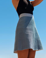 allrich-mini jupe tricotee en double face avec cote brillant bleu