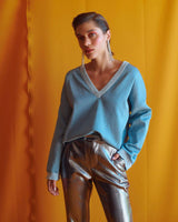 allrich-pullover en double face avec encolure v en couleur bleu blanc