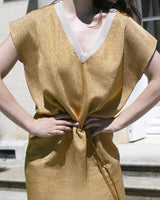 allrich-encolure en v mini robe ete en maille couleur or et blanc