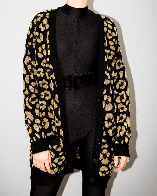 long gilet col v en motif leopard noir avec or jacquard maille-allrich