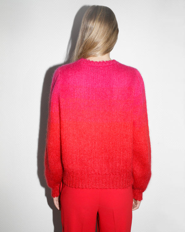 allrich pullover femme col rond en degrade de couleur rouge rose mohair maille tricot