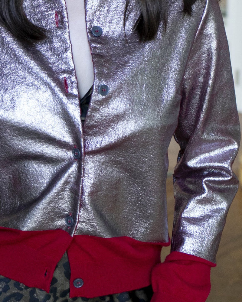 allrich-lux cardigan detail enduit aspect metallique tricot rouge