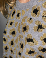 pull col rond femme jacquard leopard gris dore noir metallise felice close up allrich