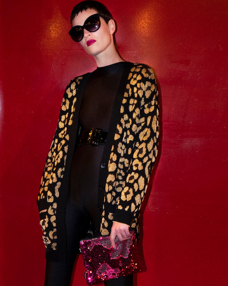 cardigan long motif leopard noir dore encolure v -allrich